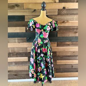 Vintage 1990s Drop Waist Black Polished Cotton Vibrant Floral Dress by Expo